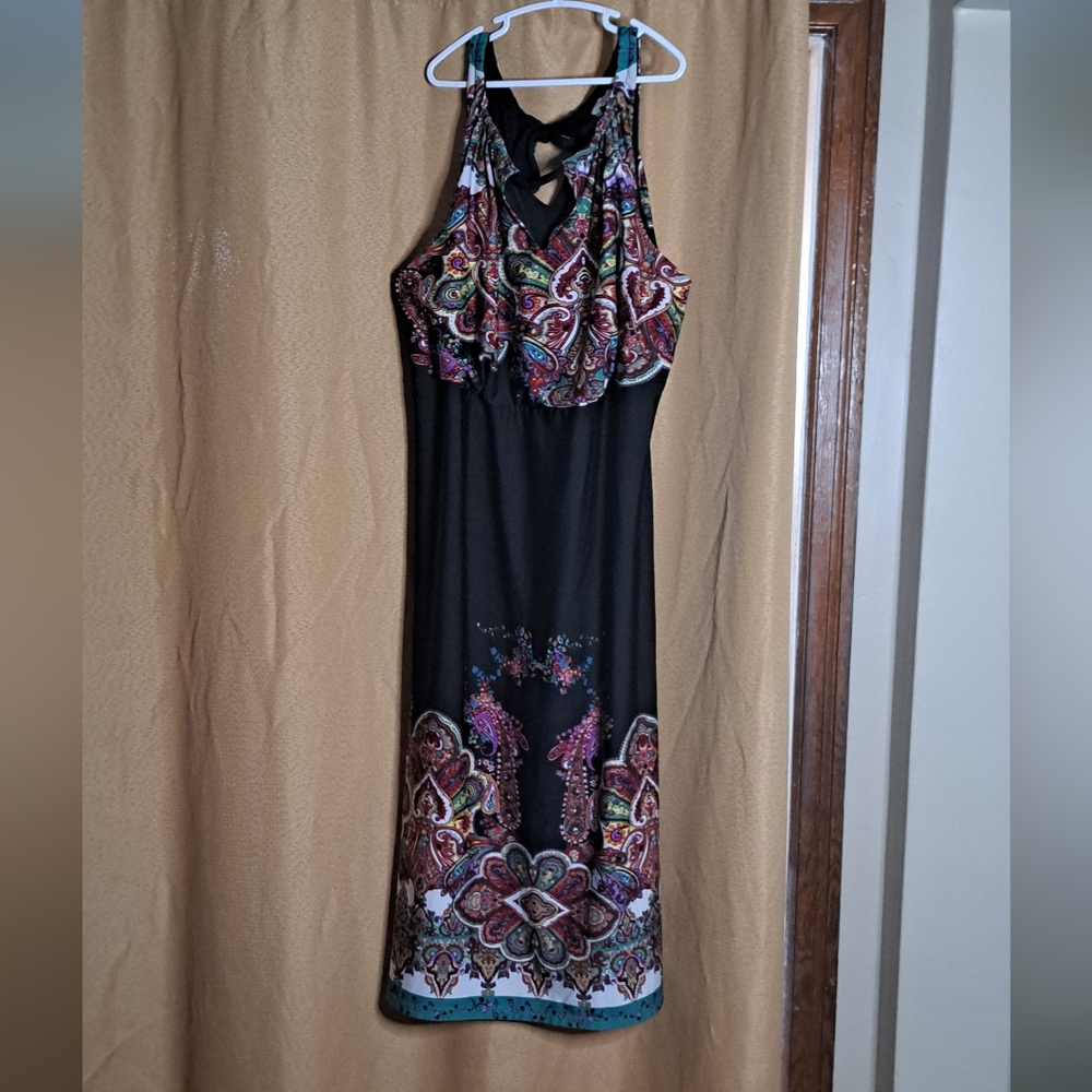 Elegant Black and Multicolor Paisley Midi Dress